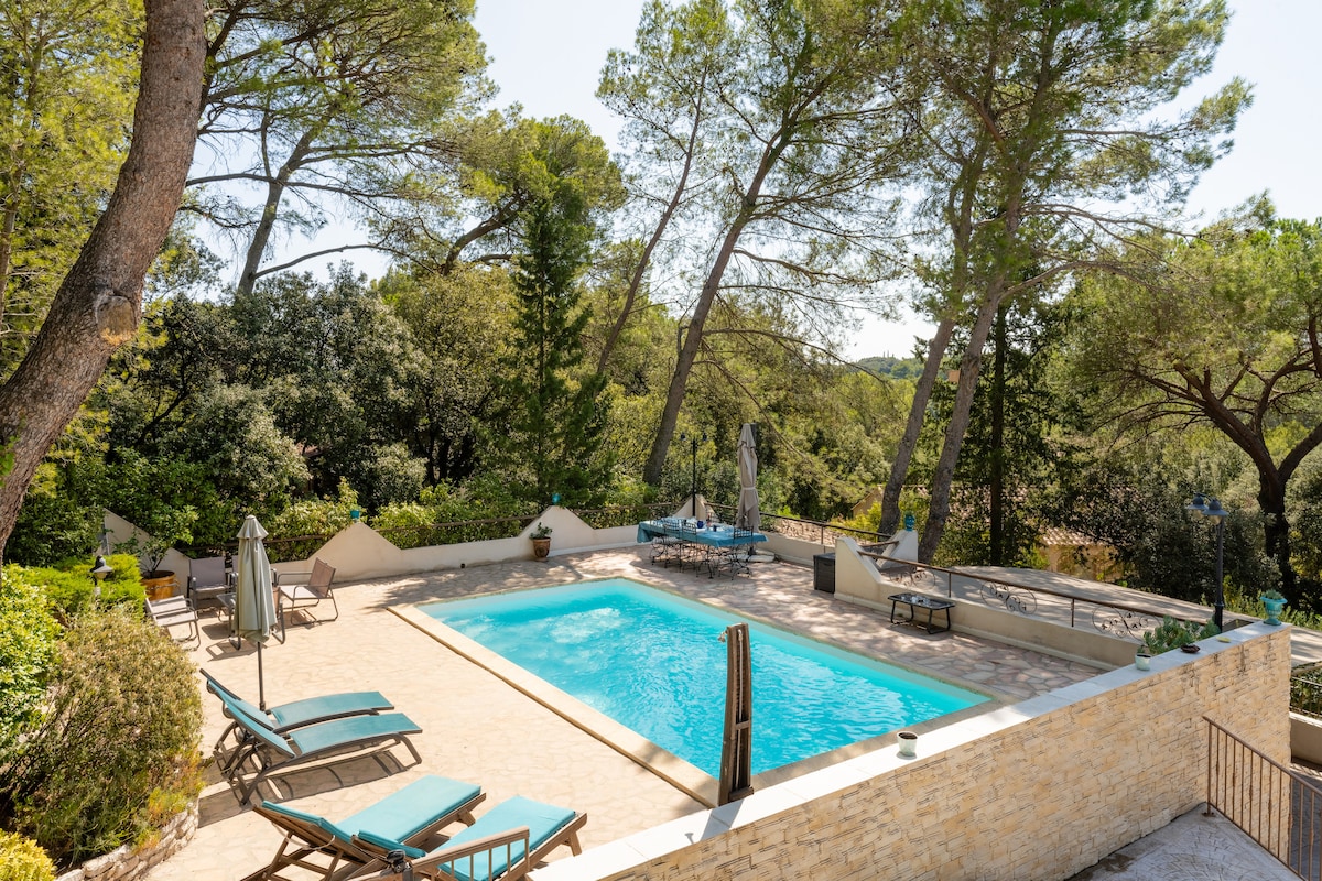 The image displays a private pool surrounded by a landscaped terrace. Six sun loungers are positioned alongside the clear water. Tall trees provide shade and greenery, while a dining area with chairs is visible in the background, enhancing the serene outdoor setting.