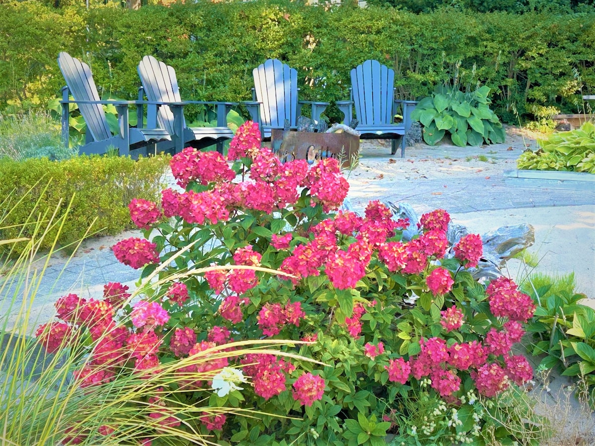 A serene outdoor space is highlighted by vibrant pink flowers in the foreground. Behind them, four blue Adirondack chairs are arranged, offering a comfortable spot for relaxation. Lush greenery surrounds the area, enhancing the natural setting.