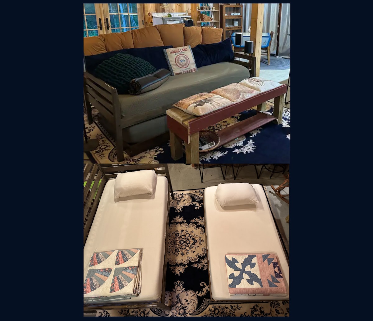 This couch converts into a trundle bed with two twin size foam mattresses (very comfortable! with no springs or bars). The beds are made with fitted sheets underneath the couch cover. (extra pillows, sheets, and blankets are in a chest)