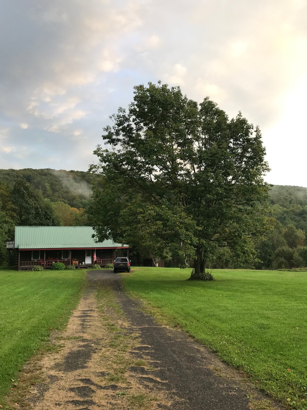 A log cabin with a green metal roof is set beside a large tree, surrounded by lush grassy areas. A gravel driveway leads to the front entrance, with a parked car visible. Rolling hills are seen in the background, partially shrouded by mist.