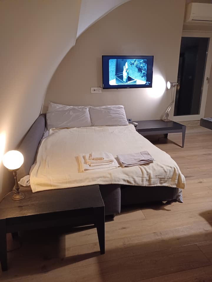 El sofá se convierte en una cama se encuentra en la habitación donde se encuentra la cocina de la isla, hay un balcón ,  aire acondicionado,  TV con Netflix. 