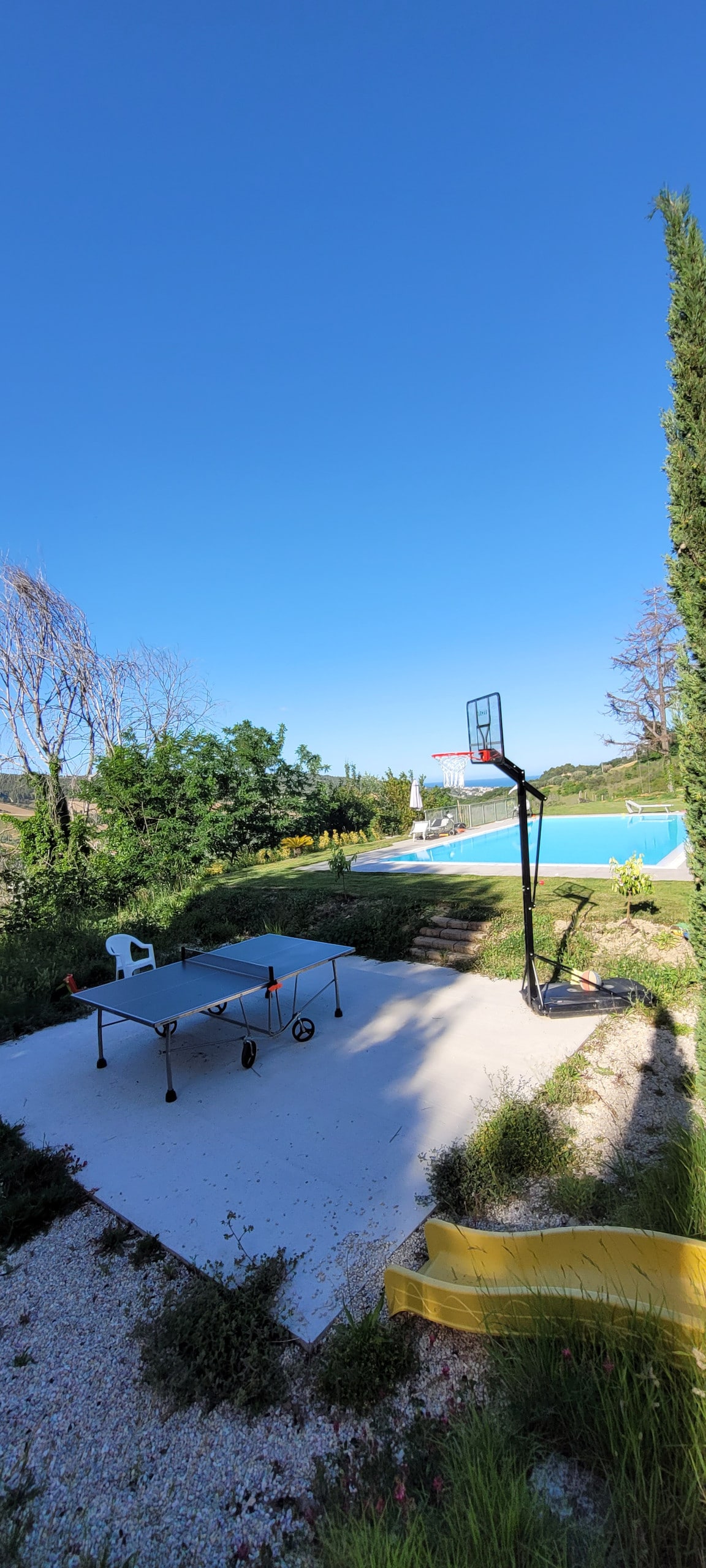 An outdoor space features a basketball hoop and a nearby table with wheels. A clear pool is visible in the background, surrounded by greenery. The area is bathed in natural light under a sunny blue sky, suggesting a spacious and tranquil environment.
