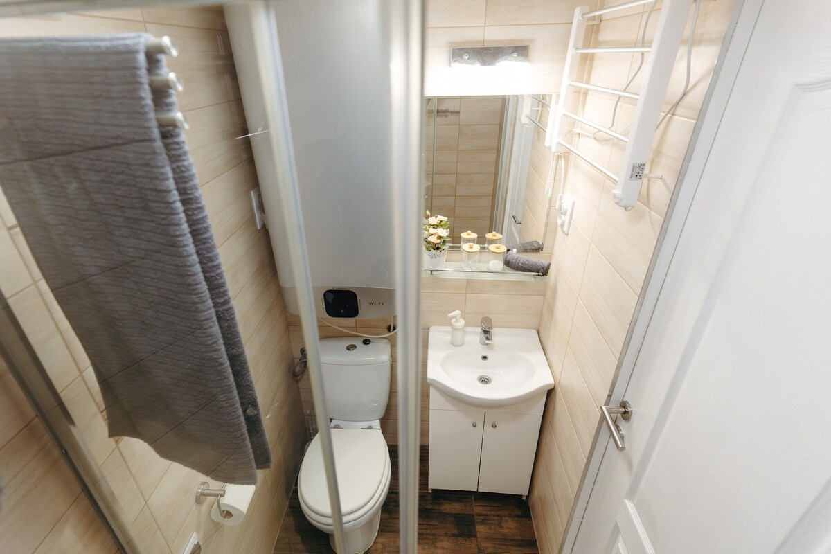 A compact bathroom features a shower stall, toilet, and sink with storage underneath. Light-toned wall tiles complement the wood-like flooring, while a large mirror above the sink reflects bright lighting. A towel rack is mounted on the wall, and decorative items are placed on the vanity.
