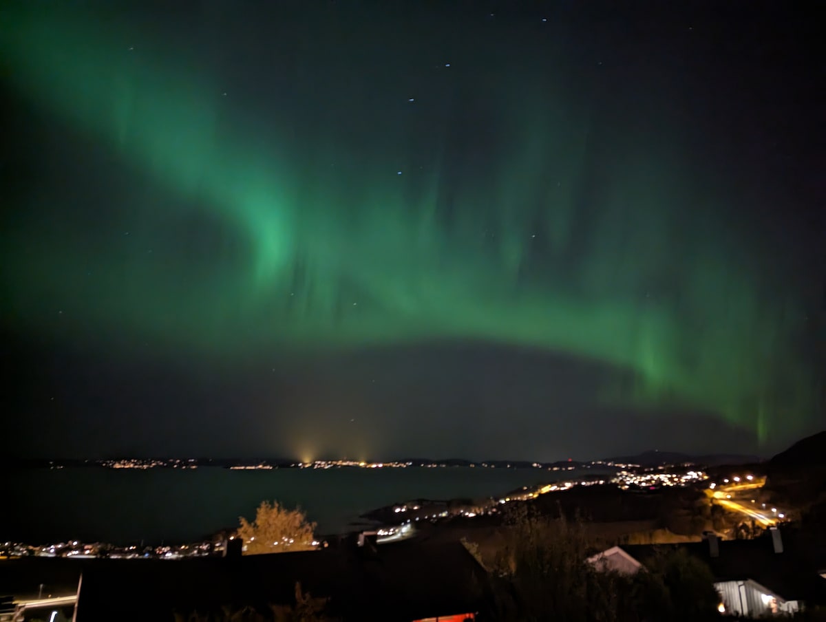 The night sky is illuminated by vibrant green northern lights, arcing gracefully above a tranquil fjord. Twinkling lights from distant towns reflect softly on the water, enhancing the serene landscape. Stars are visible in the dark sky, creating a captivating backdrop.