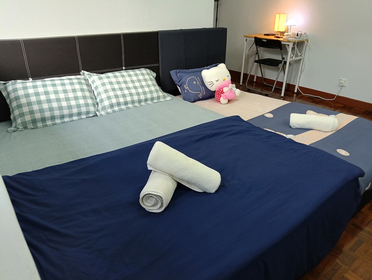 A sleeping area is presented with two spacious beds, one covered in a light blue sheet and the other in navy. Pillows with green checkered and polka dot patterns are arranged neatly. A small desk with a lamp is visible, alongside a plush toy placed invitingly.