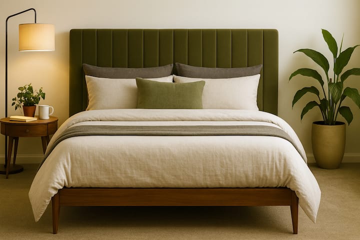 Un dormitorio sereno con detalles en verde, ropa de cama de lino suave, iluminación nocturna cálida y una paleta de colores relajantes, diseñado para disfrutar de un sueño reparador. Acceso directo al balcón para contemplar la ciudad por la noche o tomar un café por la mañana.