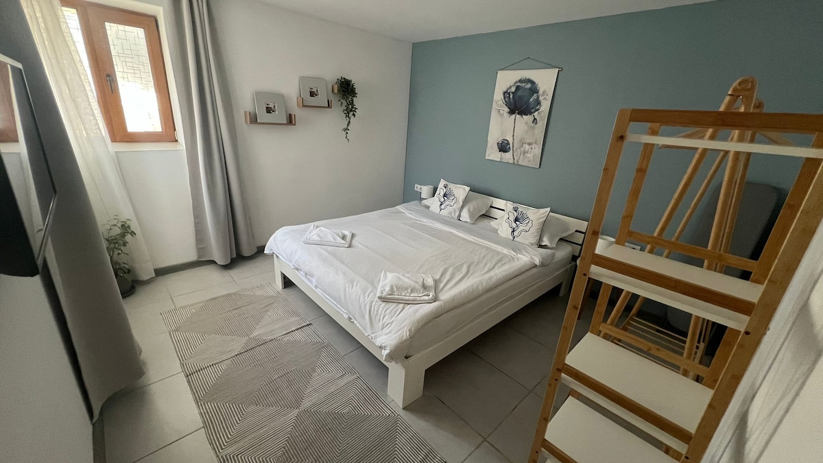 A well-organized bedroom features a spacious bed adorned with white linens and decorative pillows. Adjacent to the bed, a textured area rug adds warmth. Natural light filters through a window, and wall shelves display decorative items, creating a calm and functional space.