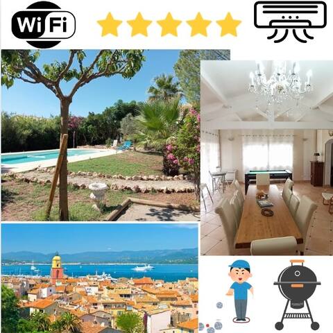 5* villa, pool, air conditioning, billiards, petanque, zip line.