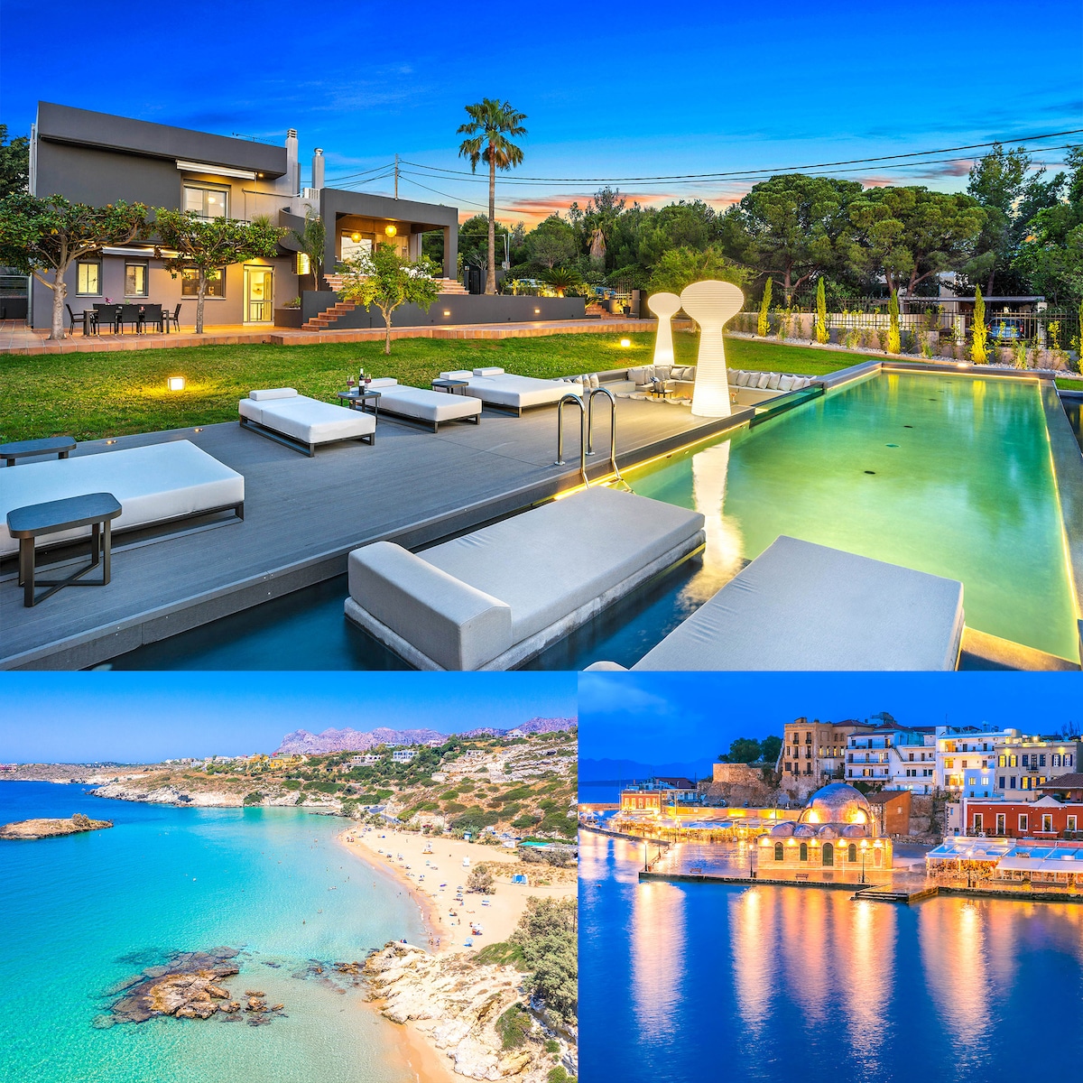An inviting infinity pool reflects the evening sky, surrounded by comfortable loungers. In the background, a modern villa rises amidst lush greenery. A serene beach scene showcases sandy shores and clear waters, while a picturesque waterfront with vibrant buildings illuminates the evening coastline.