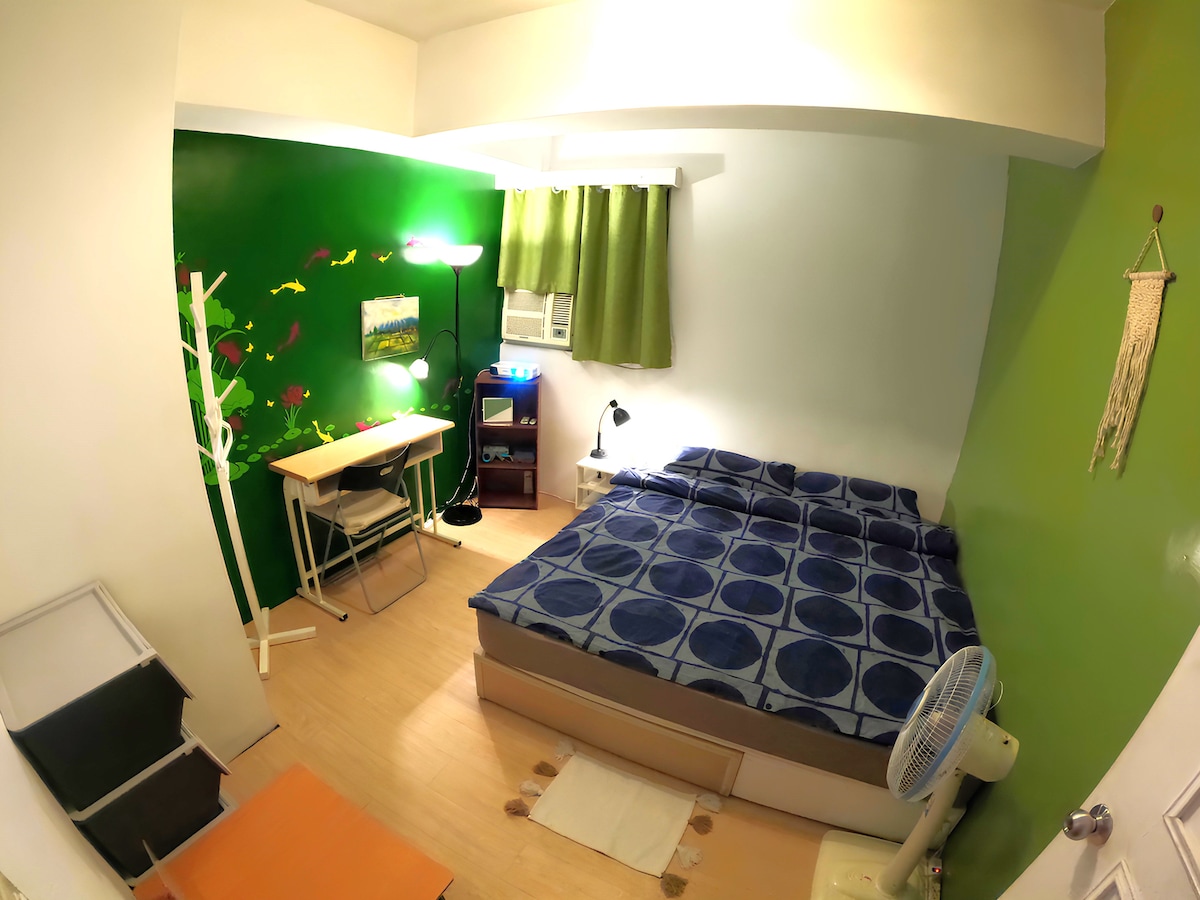 A cozy room features a king-size bed with patterned bedding. A green accent wall adds a pop of color. A desk and lamp provide workspace, while a fan stands nearby. A shared air conditioning unit is positioned above, and a small chair is visible in the corner.