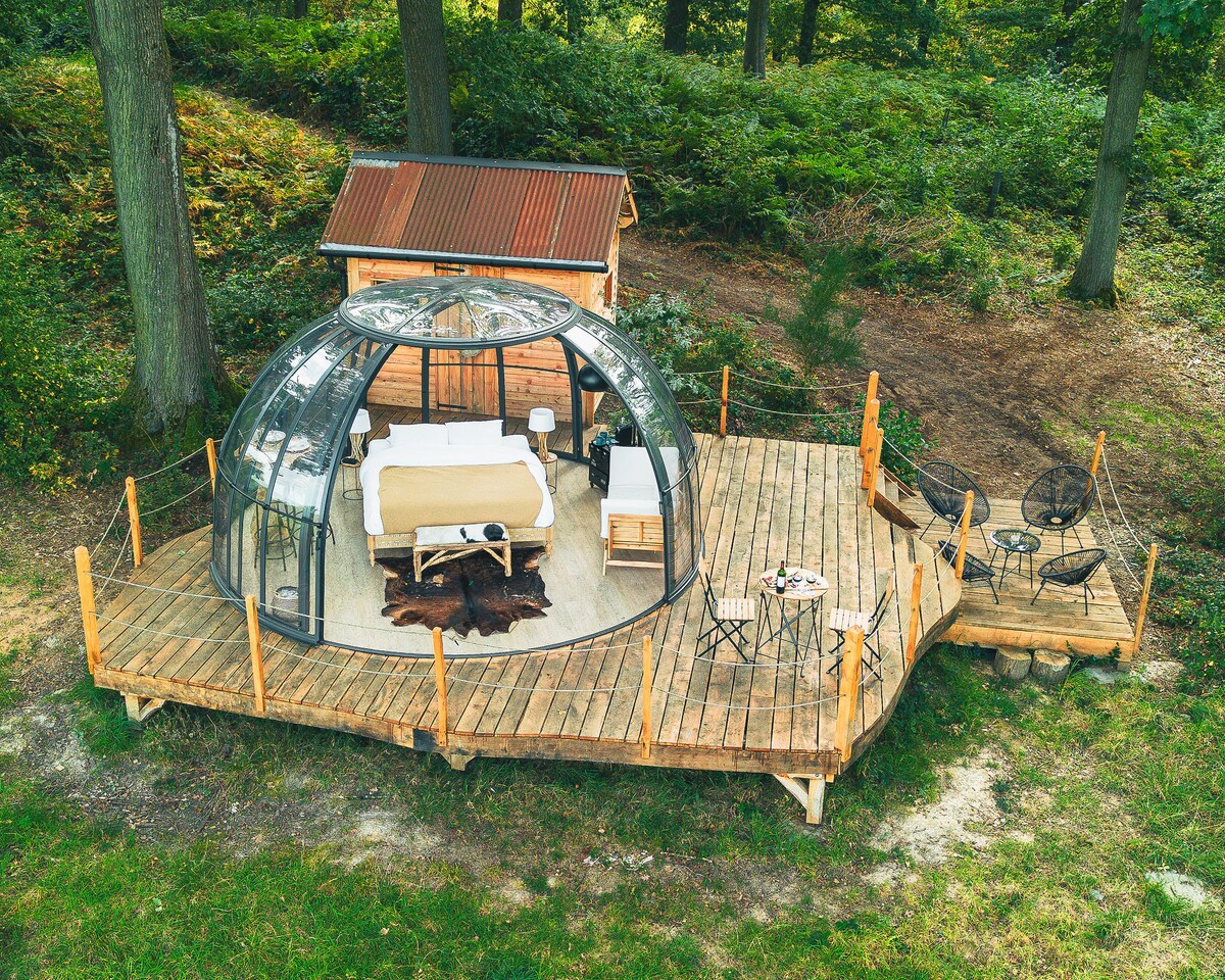 A dome-shaped structure is set on a wooden deck surrounded by greenery. The sleeping area is visible through the transparent walls, featuring a spacious bed and a cozy rug. Outdoor seating arrangements include two chairs and a small table, creating an inviting space for relaxation.