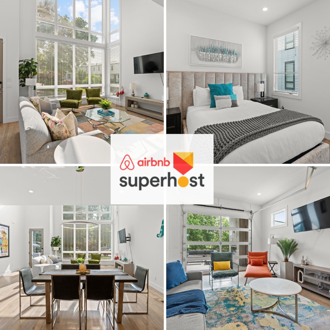The image showcases various areas of the home. A bright living space features large windows allowing natural light, complemented by a mixture of seating options. A cozy bedroom with a spacious bed is visible, as well as a dining area highlighting a modern table set for meals.