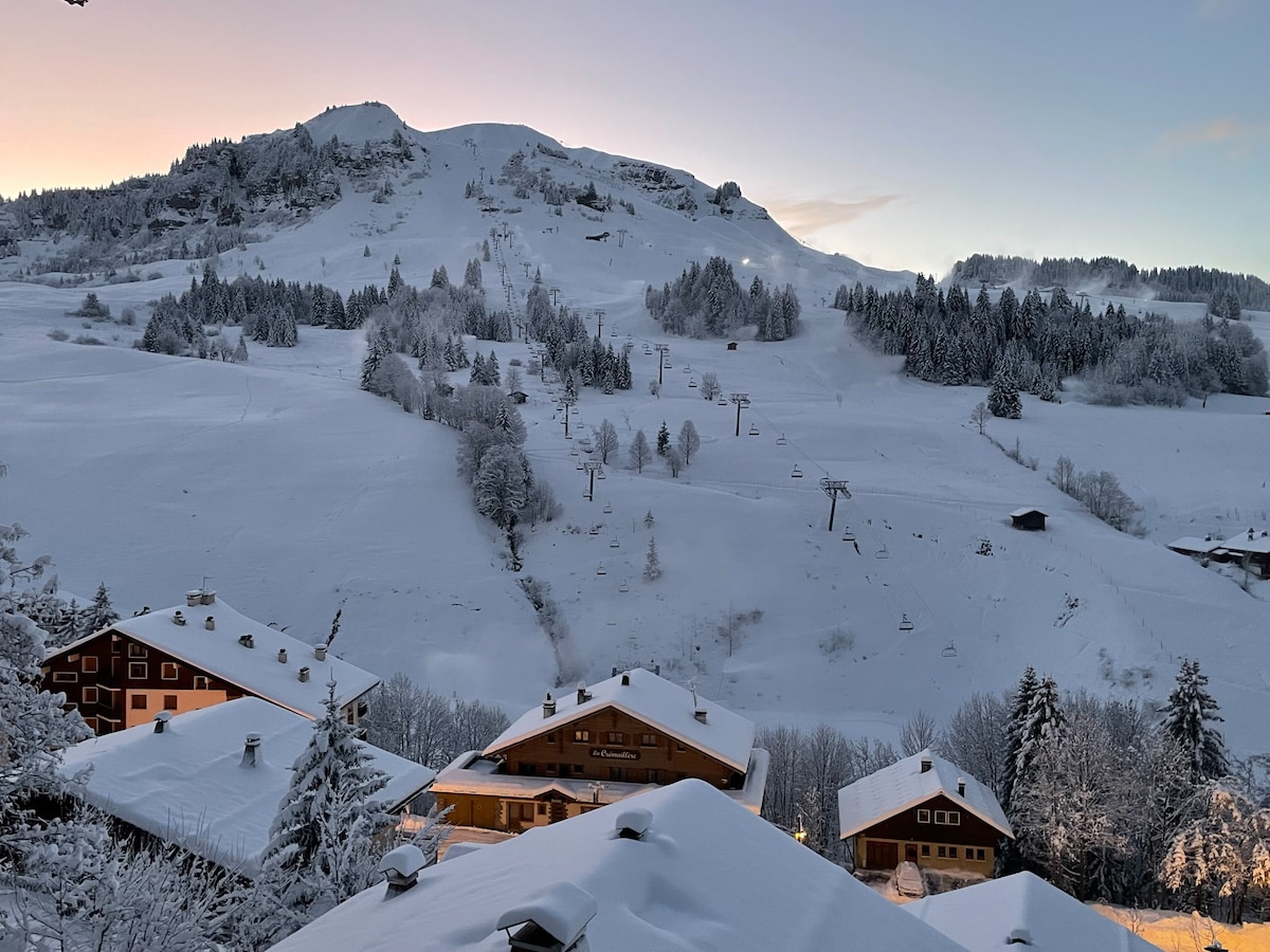 A panoramic view of snow-covered mountains and ski slopes is presented in the image. The scene captures the early morning light illuminating the pristine snow, with several chalets in the foreground, emphasizing the serene winter landscape.