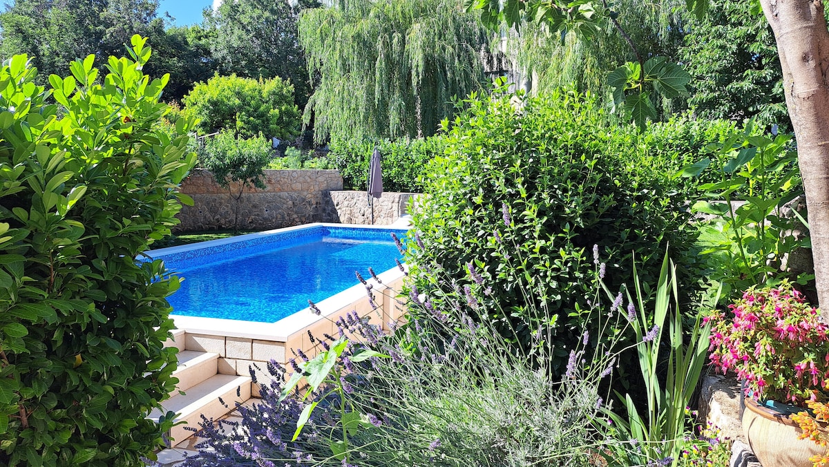 A vibrant garden surrounds a clear blue pool, with lush greenery and colorful flowers contributing to the serene ambiance. The pool area is framed by dense shrubs and lavender plants, emphasizing the tranquil outdoor space.
