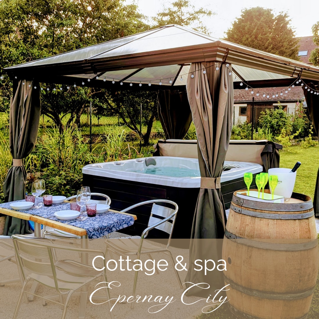 A private spa area is shown, featuring a jacuzzi under a covered gazebo. Surrounding greenery provides a natural backdrop. A dining setup with a table and chairs is visible, accompanied by colorful glasses, suggesting an inviting space for relaxation and socializing.