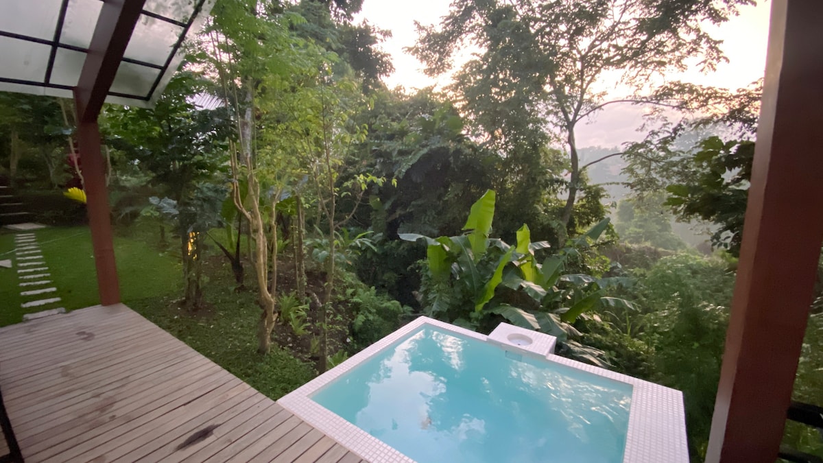 A tranquil soak pool is situated on a wooden deck, surrounded by lush greenery and tropical plants. The serene landscape features trees and foliage, with soft light filtering through, creating a peaceful atmosphere for relaxation.