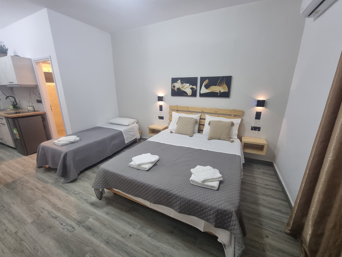 The spacious sleeping area features a comfortable double bed and an additional single bed, both dressed in neutral-colored bedding. Soft lighting is provided by wall sconces on either side of the beds, while a small kitchenette is visible in the background.