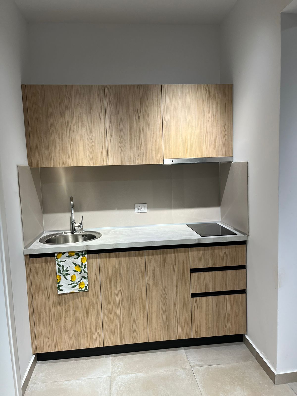 A compact kitchen area features light wood cabinetry and a sleek countertop. A small sink is positioned under a wall-mounted cabinet, alongside an electric stovetop. A kitchen towel with a lemon pattern hangs neatly from the cabinet, adding a subtle decorative touch.