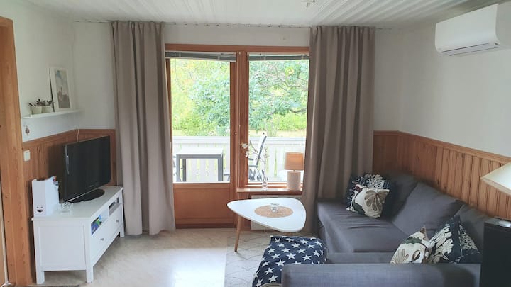 Sofa bed, TV and DVD. Room-darkening shades. In the couch there is a blackout curtain to hang for the window in the door.