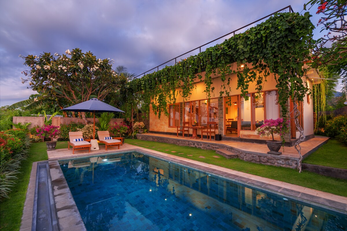 A private infinity swimming pool reflects the surrounding greenery, bordered by a well-manicured garden. The villa's open design features large glass windows and a patio, allowing natural light to fill the inviting interior. A shaded seating area is presented nearby.