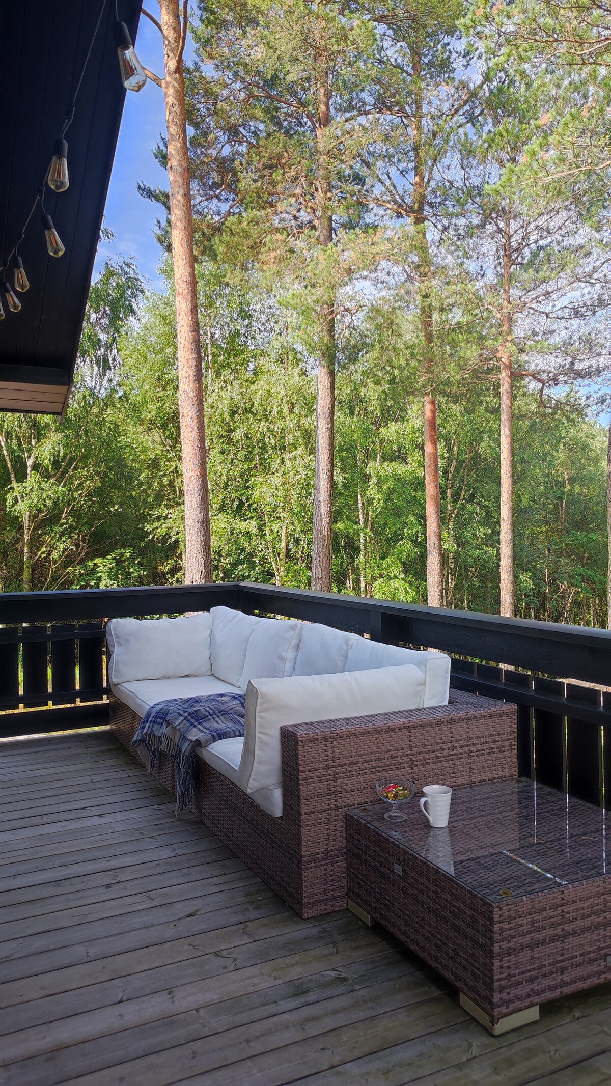 A comfortable outdoor seating area is showcased on the terrace, featuring a wicker sectional with white cushions. A small table sits beside the seating, and the backdrop of tall trees creates a serene and private ambiance.