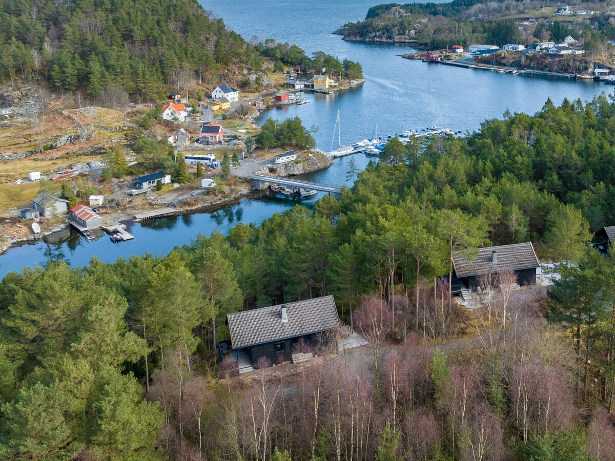 An aerial view showcases the cabin's serene surroundings, including lush green trees and a tranquil body of water. Nearby, small boats are moored, and scattered houses are visible along the coastline, creating a peaceful coastal landscape.