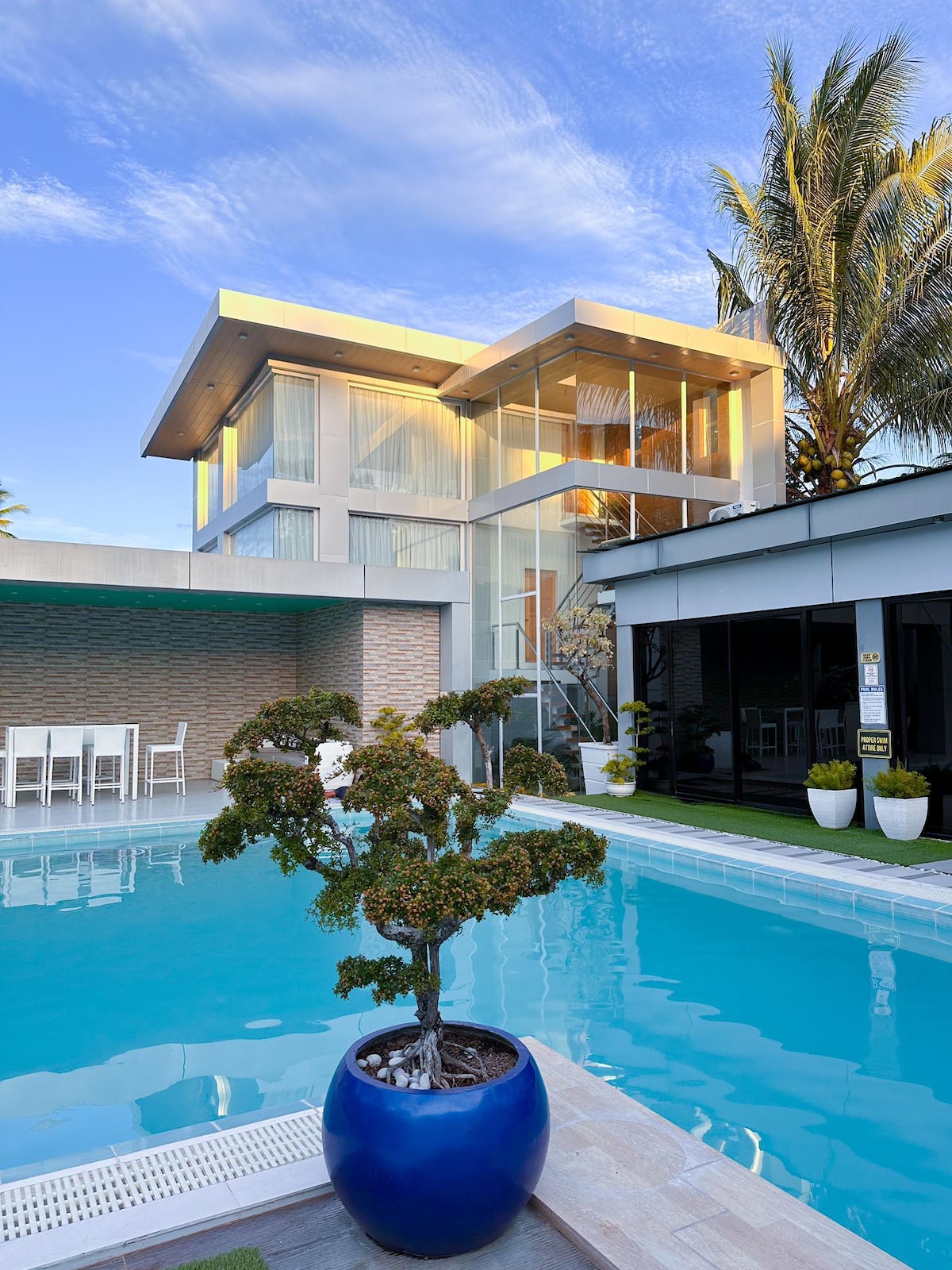 A modern structure features large glass windows, allowing natural light to flood interior spaces. The pool area is complemented by a decorative bonsai in a blue pot, with a spacious deck and casual seating nearby, framed by lush palm trees against a bright sky.
