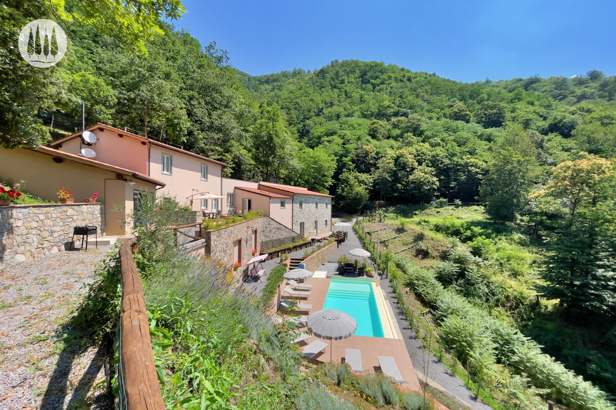 The image captures a serene hillside retreat surrounded by lush greenery. Two distinct buildings are visible, accompanied by a large infinity pool. Sun loungers and umbrellas are arranged around the pool area, emphasizing the peaceful outdoor setting. The landscape gently slopes downwards, enhancing the tranquil atmosphere.