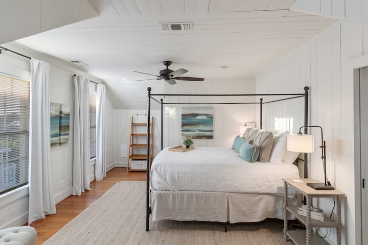 Bedroom 2 is upstairs and has a queen size bed and a private full-size bathroom.