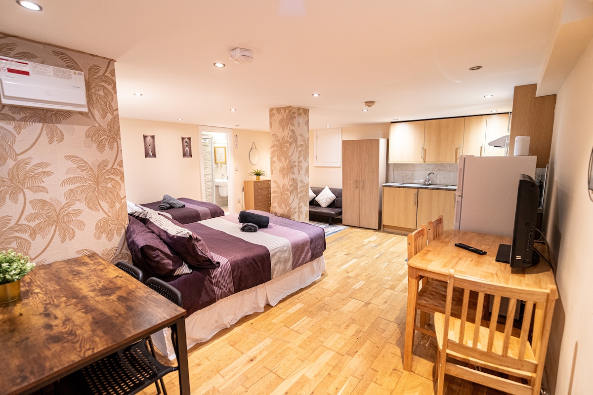 The spacious studio features two large beds with neutral bedding arrangements. A wooden table and chairs are positioned nearby, set against a backdrop of warm-toned walls. A kitchenette is visible with modern cabinetry, while the area is illuminated by soft lighting, creating a cozy atmosphere.