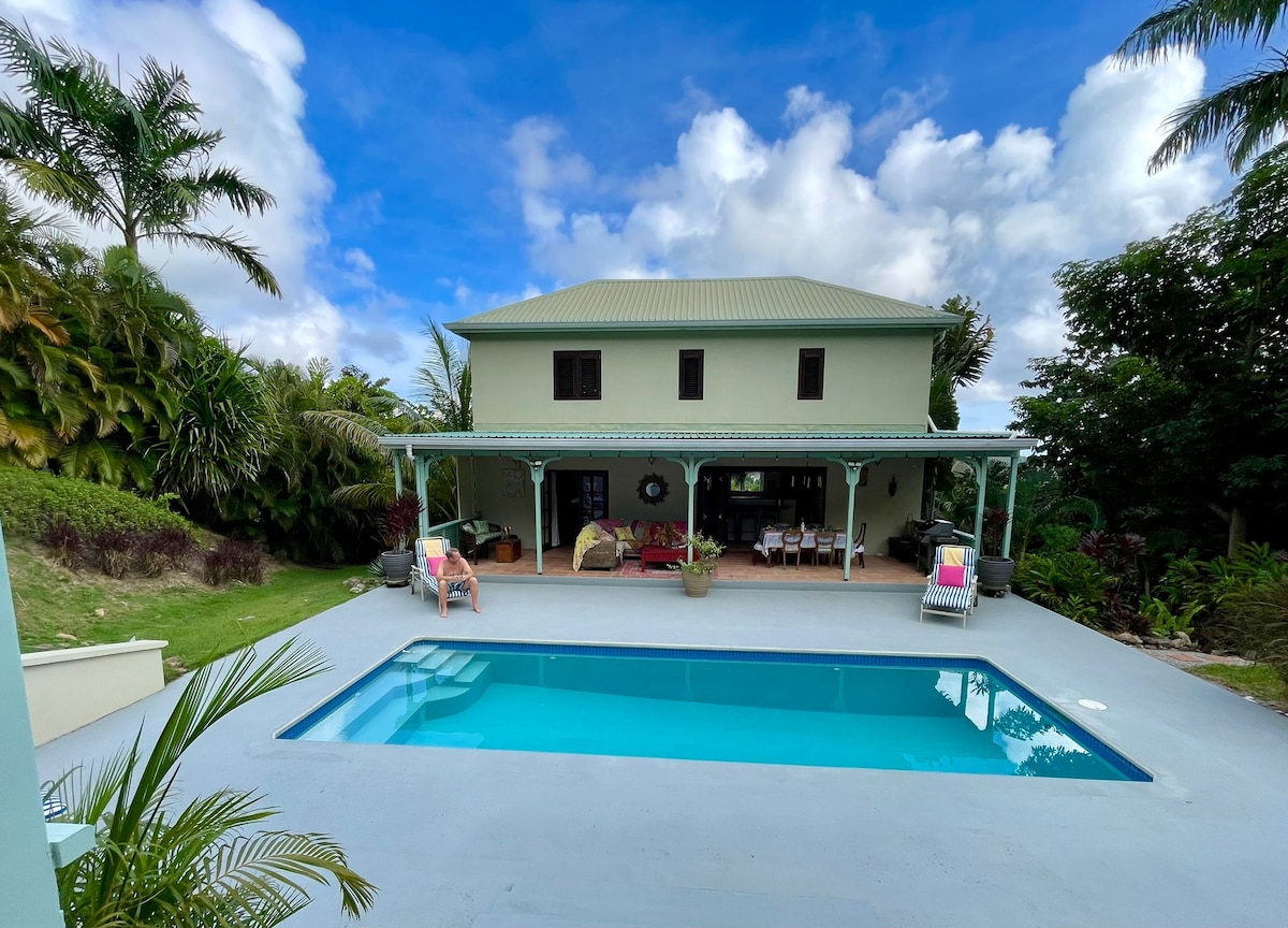 The villa is framed by lush greenery and palm trees, presenting a serene outdoor space that includes an in-ground swimming pool. A covered terrace extends from the house, offering a shaded area for relaxation, while the bright blue sky enhances the inviting atmosphere.
