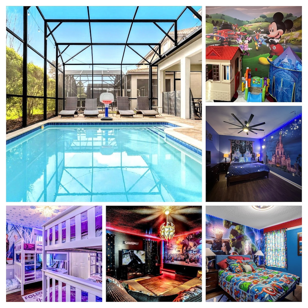 The image displays a spacious outdoor pool area enclosed by a mesh screen, featuring sun loungers along the water’s edge. Vibrant character-themed interiors are seen, including a playroom with toys and two uniquely decorated bedrooms, offering a blend of Disney and Harry Potter themes.