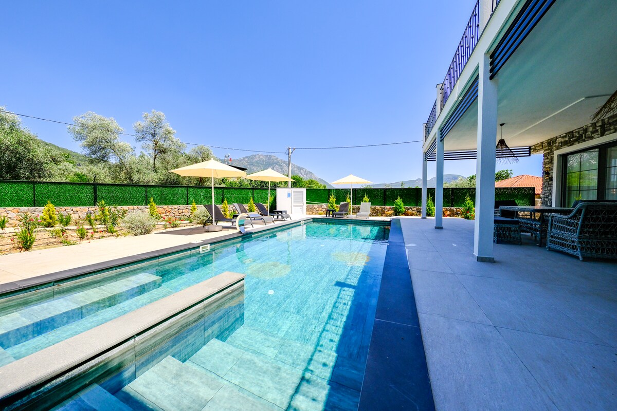 An outdoor area features a modern private swimming pool with clear blue water. Sun loungers and umbrellas are positioned around the pool, offering shaded relaxation spots. Off to the side, a dining area is highlighted, providing a comfortable setting for outdoor meals against a backdrop of greenery and mountains.