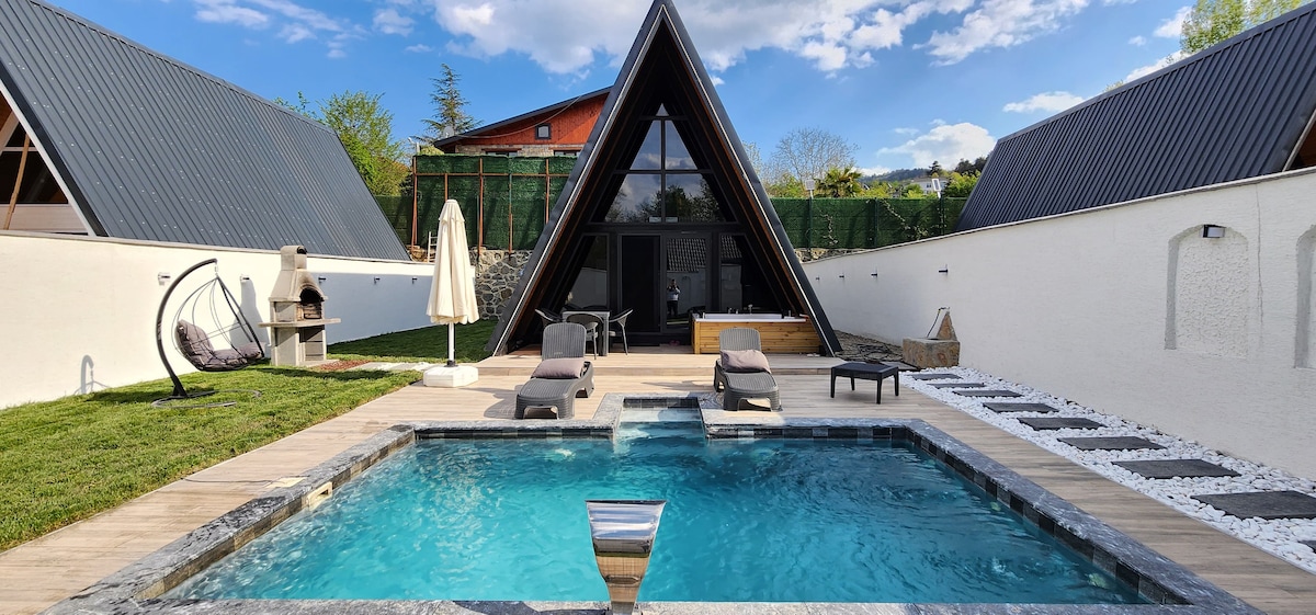 An outdoor area features a pool surrounded by a wooden deck, with lounge chairs positioned for relaxation. A triangular-roofed structure is visible in the background, complemented by lush green landscaping. A barbecue grill and a shaded umbrella add functionality to the space.