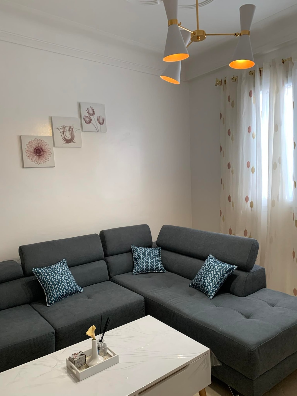A cozy living area features a dark gray sectional sofa adorned with blue accent pillows. A light-colored coffee table sits at the center, complemented by decorative items. Natural light filters through sheer curtains, enhancing the space's comfort.