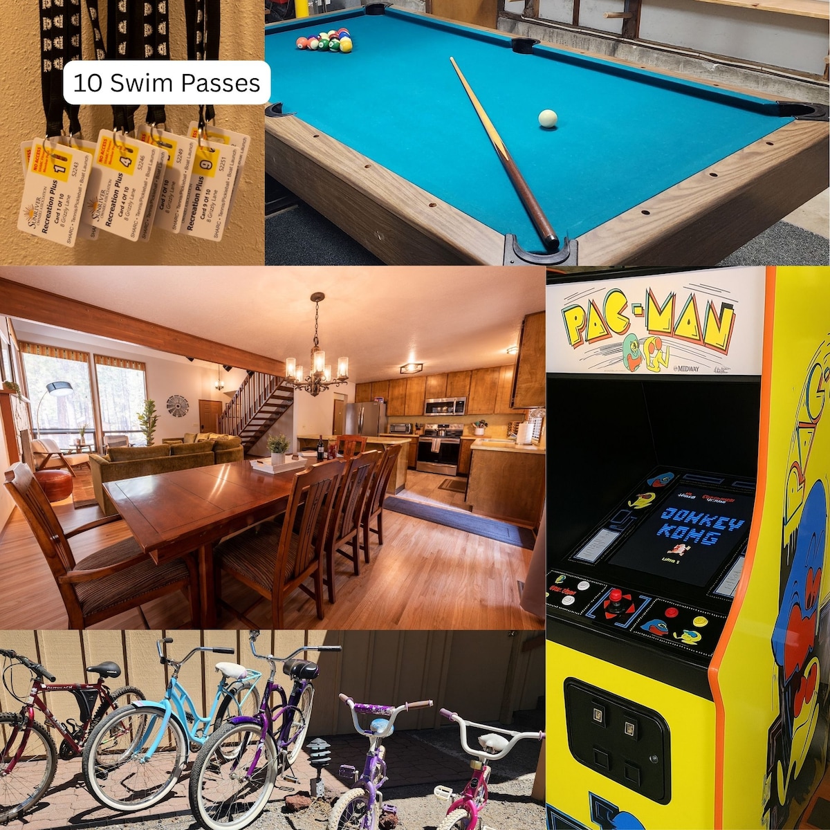 An assortment of 10 swim passes is displayed alongside a pool table featuring a cue stick. A view of the dining area with a large wooden table is shown, adjacent to a well-equipped kitchen. An arcade machine with classic games is visible, as well as colorful bicycles parked outside.