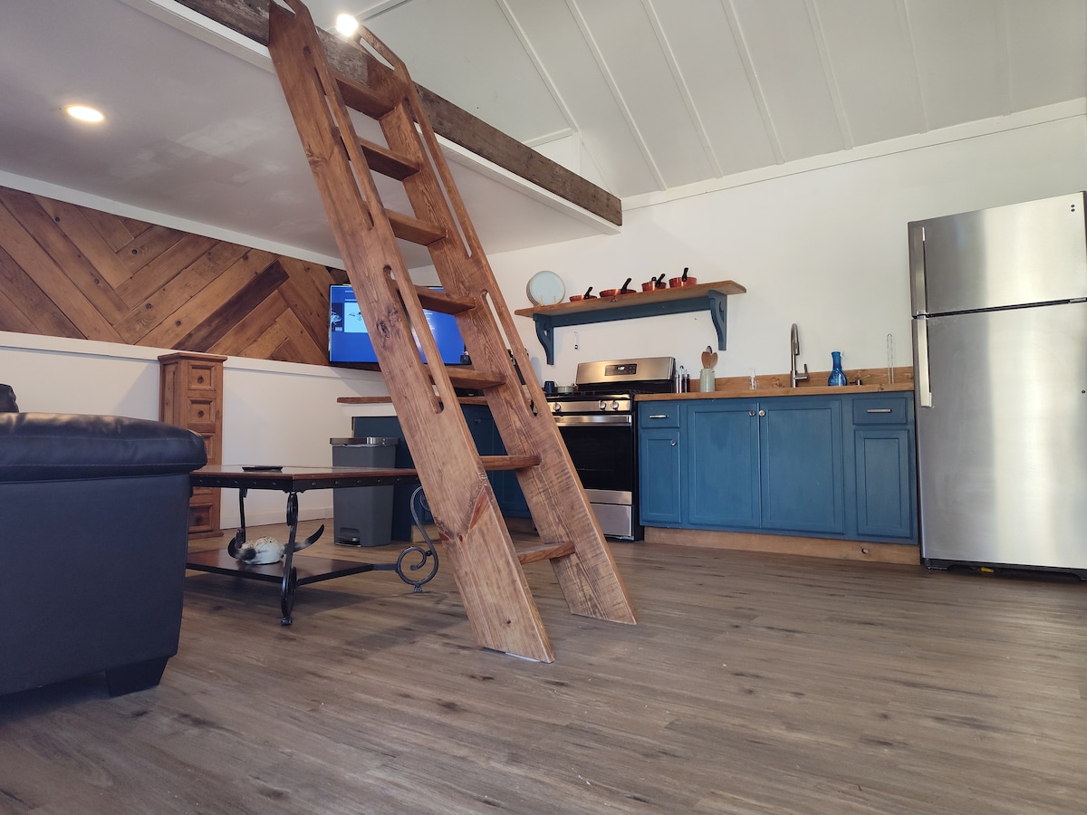 A wooden ladder leads to the loft area of the cabin, positioned next to a cozy seating arrangement. The kitchen features blue cabinetry and modern appliances, while warm wooden accents are visible on the walls and flooring, creating a rustic yet inviting aesthetic.