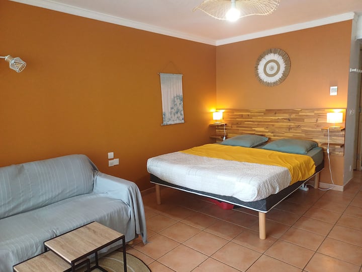 Მისაღებ ოთახში დგას დიდი ორადგილიანი საწოლი 160x200 სმ და 1 გასაშლელი დივანი 140x190 სმ