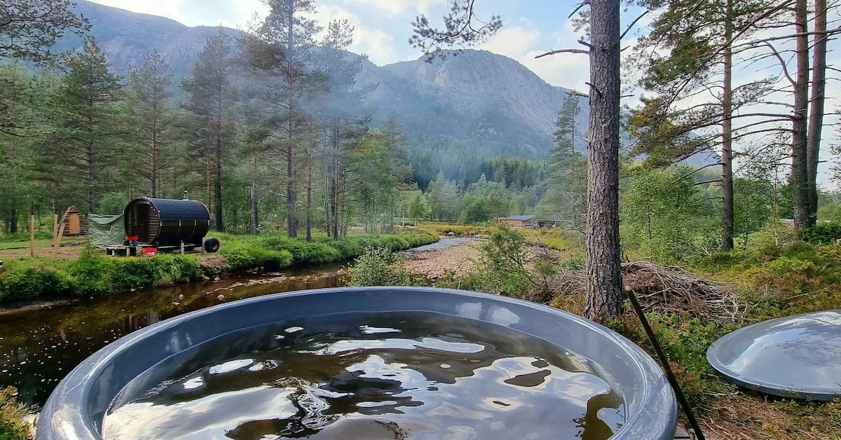 A scenic view features a hot tub in the foreground, with trees and a small river in the background. The tranquil landscape includes a distant cabin, surrounded by pine forests and mountains, under a gently cloudy sky.