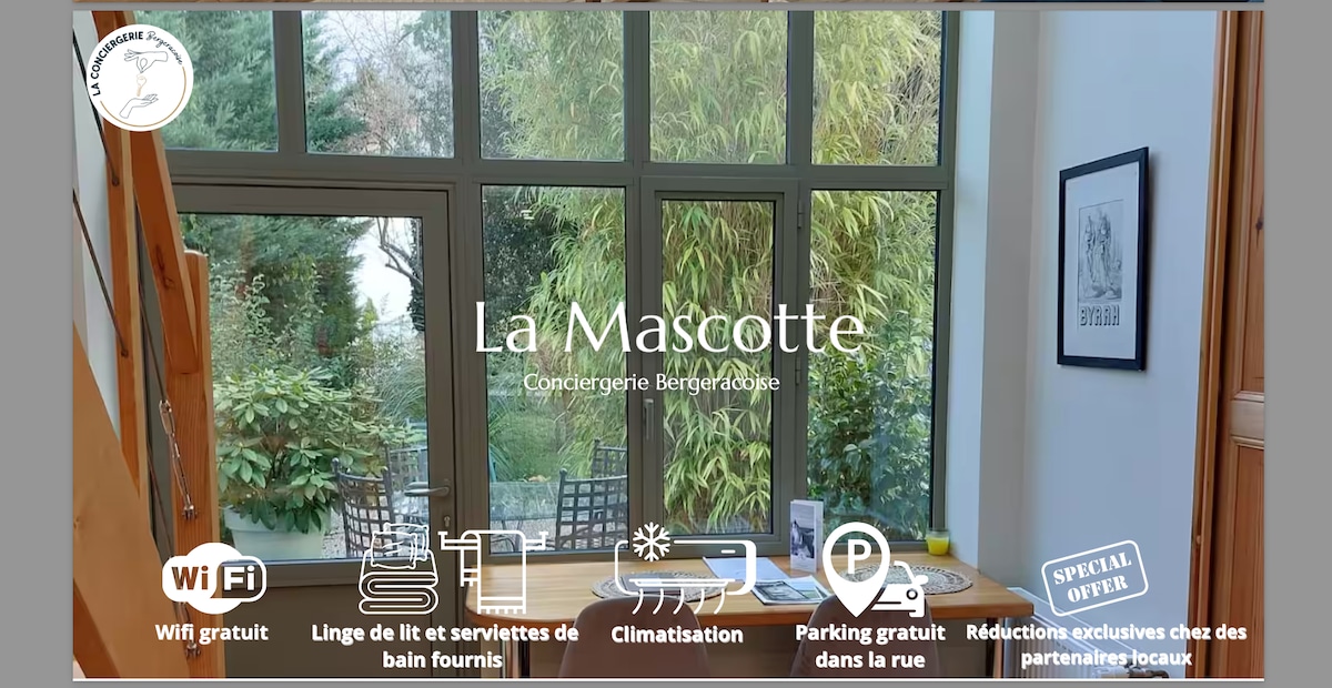 A spacious room features a large glass window that fills the area with natural light. A dining table is set near the window, surrounded by greenery visible outside. Information about amenities, including free Wi-Fi and parking, is displayed prominently.