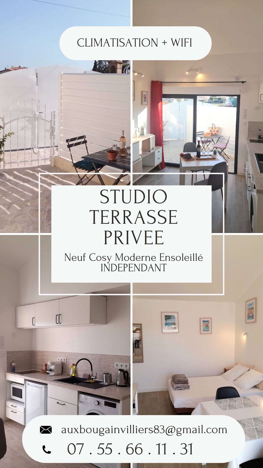 A bright studio space features a private terrace with outdoor seating for relaxation. The kitchenette is equipped with modern appliances. Large glass doors provide access to the terrace, allowing natural light to fill the area. The interior showcases a clean and contemporary design.
