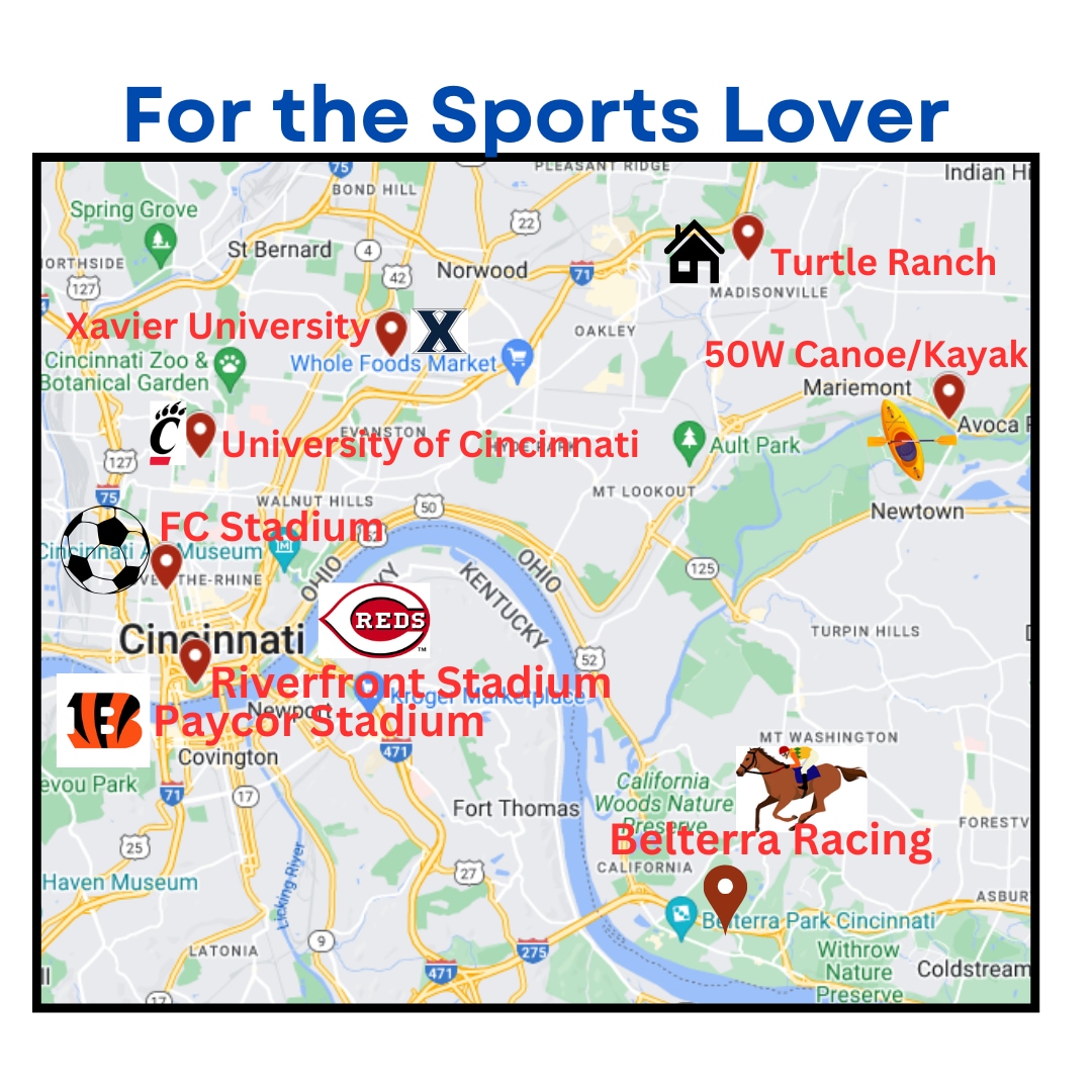 A colorful map highlights various sporting locations around Cincinnati. Notable sites include Turtle Ranch and nearby stadiums for FC Cincinnati and the Cincinnati Reds. Additional markings indicate outdoor activities such as canoeing and kayaking, along with places for racing events.