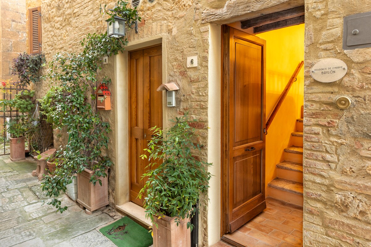 An inviting entrance is framed by lush greenery and terracotta planters. A wooden door, highlighted by warm yellow light from within, leads to a staircase, while an adjacent door features a small mailbox. The rustic stone wall adds character to the charming façade.