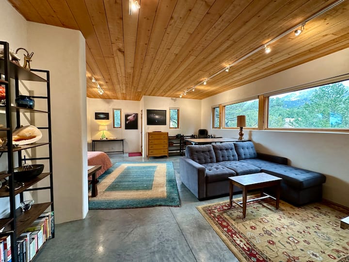 Ce grand studio offre un espace de travail extraordinaire avec un bureau réglable en hauteur (ou assis), une vue panoramique sur la montagne et la vallée, un coin télévision, un canapé-lit, un lit queen size et une bibliothèque avec de superbes lectures.