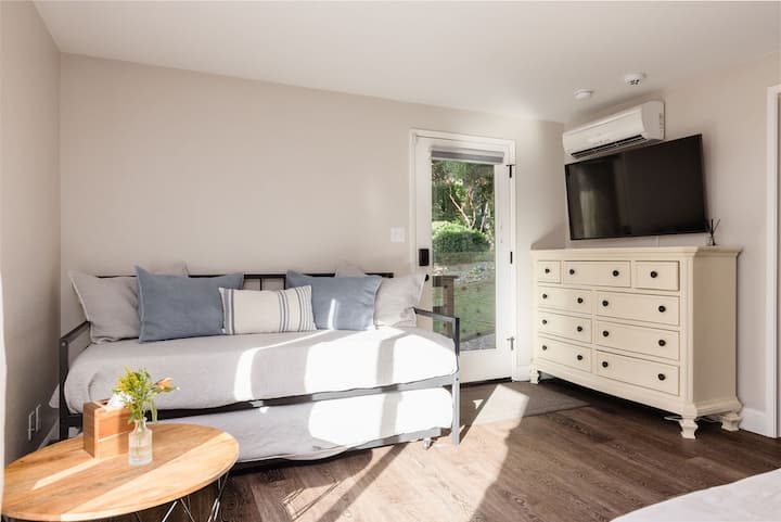 A bright room with a daybed, a wooden table with a flower vase, a white dresser, and a TV. A door leads outside, and an air conditioner is above the TV.