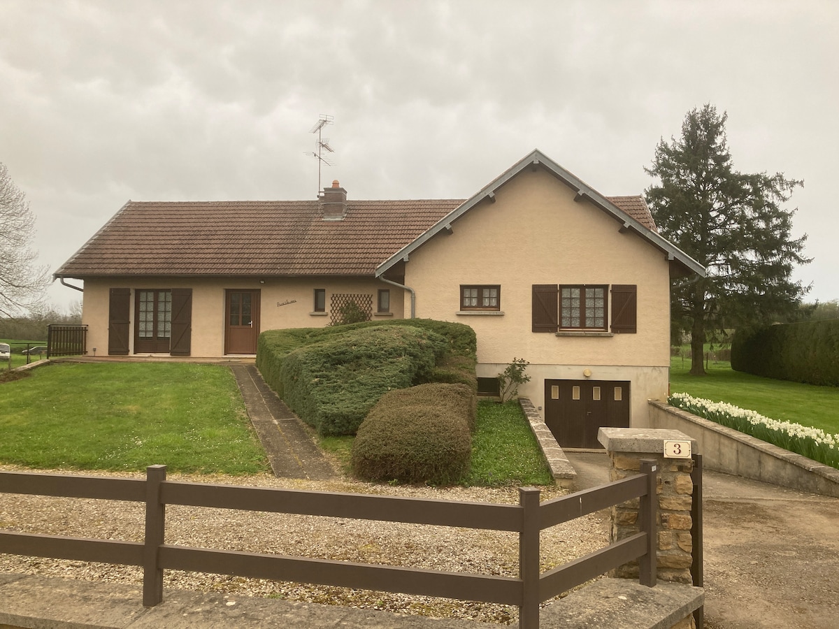 A spacious house is set within a well-maintained garden, featuring a blend of brick and stucco exteriors. The front has large windows and a welcoming entrance, while the driveway leads to a garage. Lush greenery surrounds the property, enhancing the inviting atmosphere.