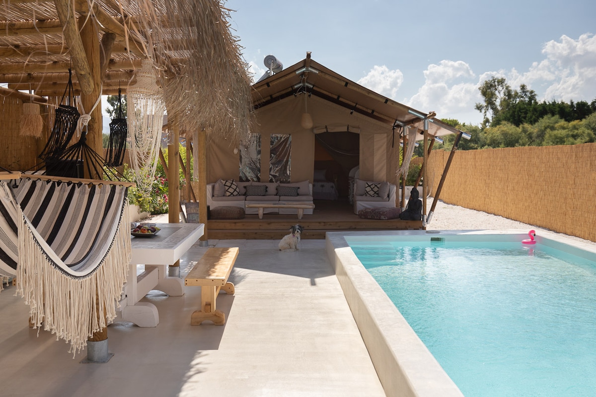 A glamping area features a spacious outdoor pool surrounded by a sunlit deck. A covered seating area with cushions is positioned near the pool. A wooden dining table and bench are nearby, with a hammock adding a relaxed element to the setting.