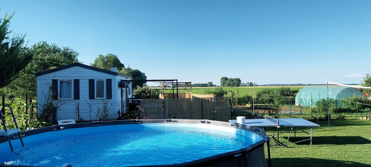 A round above-ground pool is set against a backdrop of open fields and clear blue skies. A mobil-home is visible nearby, surrounded by greenery. A table is positioned to the side, with a greenhouse in the distance, providing an inviting outdoor atmosphere.