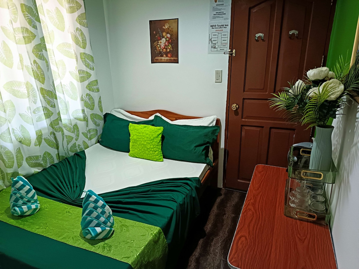 A comfortable room features a spacious bed with green and white bedding, complemented by decorative pillows. A small wooden table is positioned nearby, and a lush plant arrangement adds a touch of nature. Light filters through the leafy-patterned curtains, enhancing the overall ambiance.