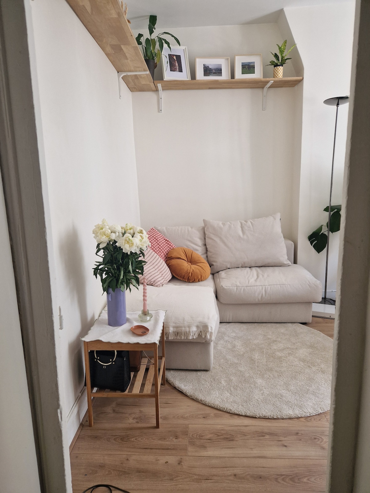 A cozy living area is presented, featuring a light-colored sofa accented with colorful cushions. A small round rug lies beneath a wooden side table, which is adorned with a vase of flowers. Decorative plants can be seen nearby on the shelf and floor.